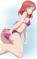 Rule 34 | 1girl, absurdres, artist name, artist request, back-tie bikini, bare legs, bikini, blush, breasts, collarbone, female focus, from behind, hair between eyes, hair over shoulder, highres, looking at viewer, looking back, love live!, love live! school idol project, medium breasts, nishikino maki, parted lips, purple bikini, purple eyes, red hair, short hair, smile, solo, swimsuit