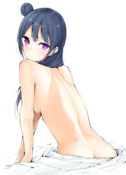 Rule 34 | 10s, 1girl, ass, back, bed sheet, breasts, butt crack, flat (joppin karu!), highres, looking at viewer, looking back, love live!, love live! school idol project, love live! sunshine!!, medium breasts, medium hair, nude, solo, tsushima yoshiko