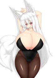 Rule 34 | 1girl, animal ears, arms behind head, blush, breasts, cleavage, collarbone, fox ears, fox girl, fox tail, hajime (miru cocoa), highres, huge breasts, leotard, long hair, miru cocoa, open mouth, original, pantyhose, red eyes, solo, strapless, strapless leotard, tail, thick thighs, thighs, white background, white hair, wide hips