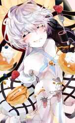 Rule 34 | 1girl, absurdres, black ribbon, black sclera, blueberry, blush, breasts, bright pupils, chewing, closed mouth, colored sclera, colored skin, fate/grand order, fate (series), food, food on face, fork, fruit, headgear, highres, pancake, puffy short sleeves, puffy sleeves, ribbon, see-through, shimogamo (shimomo 12), short hair, short sleeves, small breasts, solo, strawberry, syrup, van gogh (fate), van gogh (third ascension) (fate), white eyes, white hair, white pupils, white skin