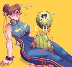 Rule 34 | 2girls, absurdres, bare shoulders, between thighs, black eyes, black hair, blue bodysuit, blush, bodysuit, bracelet, breasts, brown eyes, brown hair, capcom, chinese clothes, chun-li, closed mouth, costume, crushing, cupperexe, double bun, english text, food, fruit, hair bun, hair ribbon, han juri, high collar, highres, jewelry, juice, liquid, medium breasts, multiple girls, muscular, muscular female, ribbon, signature, simple background, street fighter, thick thighs, thighs, watermelon, watermelon between thighs, yellow ribbon, yellow stripes