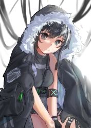 Rule 34 | 1girl, absurdres, arknights, backlighting, between legs, black coat, black hair, breasts, bridal garter, coat, fur trim, gloves, grey eyes, hair between eyes, hand between legs, highres, hood, hood down, infection monitor (arknights), la pluma (arknights), leaning forward, light smile, looking at viewer, oversized clothes, shorts, single glove, sitting, solo, tank top, tebiexiandexiaoxin, thigh strap, white background