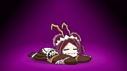 Rule 34 | 1girl, antenna, chibi, entoma vasilissa zeta, closed eyes, arthropod girl, kimono, maid, monster girl, on ground, overlord (maruyama), purple background, purple hair, simple background, sleeping