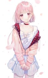 Rule 34 | 1girl, artist name, bad id, bad pixiv id, bob cut, breasts, cherry blossoms, cherry print, choker, closed mouth, commentary, dress, earrings, female focus, food print, highres, jacket, jewelry, long sleeves, looking at viewer, medium hair, multicolored clothes, multicolored jacket, off shoulder, oli o o, original, own hands together, petals, pink hair, pink jacket, print jacket, red choker, red eyes, red jacket, revision, ribbon, shirt, short hair, simple background, skirt, skirt set, small breasts, solo, standing, sweater jacket, two-tone jacket, white background, white ribbon, white shirt, white skirt, zipper, zipper pull tab