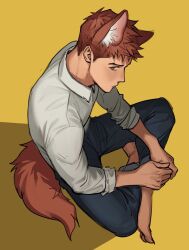 Rule 34 | 1boy, animal ear fluff, animal ears, barefoot, brown eyes, brown tail, closed mouth, collared shirt, commentary, dog ears, dog tail, english commentary, etceteraart, full body, highres, indian style, long sleeves, looking at viewer, male focus, original, sharp toenails, shirt, short hair, simple background, sitting, solo, tail, toenails, white shirt, yellow background