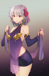 Rule 34 | 1girl, bare shoulders, black skirt, breasts, closed mouth, collarbone, cowboy shot, detached sleeves, earrings, fate/grand order, fate (series), glint, gradient background, grey background, hair ribbon, highres, holding, jewelry, kama (fate), kama (first ascension) (fate), long sleeves, looking away, medium breasts, miniskirt, nail polish, navel, no legwear, pasties, purple background, red eyes, red nails, red ribbon, ribbon, see-through, short hair, sideboob, silver hair, skirt, smile, solo, zhanzheng zi