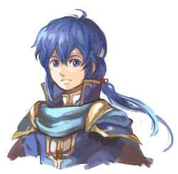 Rule 34 | 1boy, blue eyes, blue hair, cape, fire emblem, fire emblem: genealogy of the holy war, fire emblem: thracia 776, garmmy, headband, long hair, looking at viewer, male focus, nintendo, painting (medium), ponytail, portrait, seliph (fire emblem), simple background, smile, solo, traditional media, watercolor (medium), white background