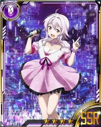 Rule 34 | 10s, 1girl, breasts, card (medium), cleavage, collarbone, dress, holding, holding microphone, index finger raised, medium breasts, microphone, mole, mole on breast, open mouth, pink eyes, pink hair, purple ribbon, ribbon, short hair with long locks, solo, star (symbol), strea (sao), sword art online, wrist cuffs