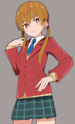 Rule 34 | 1girl, blue necktie, bright pupils, brown eyes, brown hair, closed mouth, commentary, green skirt, grey background, hand on own hip, ixy, long sleeves, looking at viewer, mizutani shizuku, necktie, plaid, plaid skirt, school uniform, simple background, skirt, solo, tonari no kaibutsu-kun, twintails, white pupils
