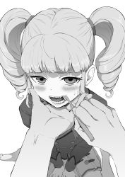 Rule 34 | 1girl, 1other, aikatsu!, aikatsu! (series), barefoot, blush, brushing another&#039;s teeth, buttons, double-breasted, drill hair, fangs, greyscale, highres, jacket, long sleeves, looking at viewer, medium hair, monochrome, osame, pov, pov hands, saliva, simple background, sitting, solo focus, toothbrush, toothbrush in mouth, todo yurika, twin drills, upturned eyes, v arms, wariza, white background