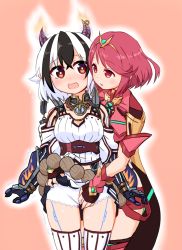 Rule 34 | 2girls, blush, breasts, commentary, crossette (xenoblade), fingerless gloves, gem, gloves, hair ornament, headpiece, horns, jewelry, large breasts, medium breasts, multicolored hair, multiple girls, nervous, nintendo, paskmel, pyra (xenoblade), red hair, red shorts, shaking, short hair, short shorts, shorts, shy, sweat, sweatdrop, thighhighs, tiara, two-tone hair, underwear, white hair, xenoblade chronicles (series), xenoblade chronicles 2, xenoblade chronicles (series), xenoblade chronicles 2, yuri