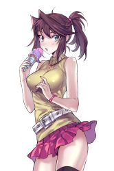 Rule 34 | 1girl, absurdres, alternate costume, alternate hairstyle, aqua eyes, bad id, bad pixiv id, bare shoulders, belt, black thighhighs, bracelet, brown hair, cowboy shot, food, highres, ice cream, jewelry, looking at viewer, maruchi, mazaki anzu, miniskirt, necklace, open mouth, pleated skirt, ponytail, simple background, skirt, skirt flip, sleeveless, solo, thighhighs, white background, yu-gi-oh!, yu-gi-oh! duel monsters