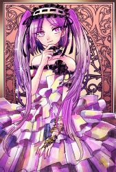 Rule 34 | 1girl, black ribbon, bracelet, choker, commentary request, dress, fate/hollow ataraxia, fate (series), frills, hairband, hand on own chin, highres, jewelry, lolita hairband, long hair, looking at viewer, purple eyes, purple hair, ribbon, sahuran rtd, sleeveless, sleeveless dress, smile, solo, sparkle, stheno (fate), twintails, very long hair, white dress