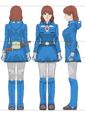 Rule 34 | 1girl, absurdres, breasts, brown eyes, brown hair, closed mouth, dress, earrings, full body, gloves, highres, hood, hoodie, jewelry, kaze no tani no nausicaa, looking at viewer, multiple views, nausicaa, short hair, simple background, white background
