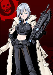 Rule 34 | 10s, 1girl, anastasia (idolmaster), armor, black gloves, blue eyes, cape, chainsaw, crop top, crossover, elbow gloves, fishnets, fur trim, gears of war, gloves, gun, hand on own hip, idolmaster, idolmaster cinderella girls, lancer (gears of war), midriff, navel, parted lips, power armor, rifle, short hair, silver hair, solo, tkhs, weapon