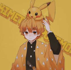Rule 34 | 1boy, :3, agatsuma zenitsu, bad id, bad pixiv id, black jacket, blank eyes, blonde hair, blush stickers, brown eyes, buttons, closed mouth, color connection, copyright name, creatures (company), crossover, game freak, gen 1 pokemon, happy, highres, jacket, japanese clothes, katana, kimetsu no yaiba, kimono, lightning bolt symbol, long sleeves, looking at viewer, male focus, mariya (mn 436), nervous, nintendo, on head, open clothes, open kimono, open mouth, orange eyes, pikachu, pokemon, pokemon (creature), pokemon on head, short hair, simple background, smile, sweat, sword, thick eyebrows, triangle print, weapon, yellow background, yellow kimono, yellow theme