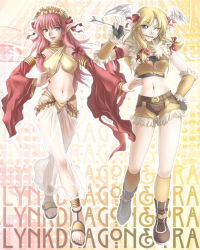 Rule 34 | 2girls, arrow (projectile), blonde hair, blue eyes, dancer, elf, feet, gypsy, gypsy (ragnarok online), harem pants, head wings, jewelry, lots of jewelry, mouth hold, multiple girls, navel, neck ring, pants, pink hair, pointy ears, ragnarok online, sandals, shilin, shorts, sniper (ragnarok online), toes, wings, zoom layer