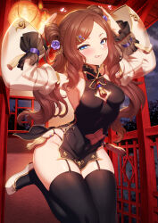Rule 34 | 1girl, bare shoulders, black dress, black thighhighs, blue eyes, blush, breasts, brown hair, bun cover, china dress, chinese clothes, cleavage cutout, clothing cutout, covered navel, detached sleeves, double bun, dress, fate/grand order, fate (series), flower, forehead, garter straps, gold trim, hair bun, hair flower, hair ornament, hairclip, highres, leonardo da vinci (fate), leonardo da vinci (fate/grand order), leonardo da vinci (rider) (fate), licking lips, long hair, looking at viewer, m-da s-tarou, parted bangs, pelvic curtain, short dress, side slit, small breasts, smile, solo, tassel, thighhighs, thighs, tongue, tongue out, twintails