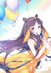 Rule 34 | 1girl, absurdres, aeon ion, alternate costume, balloon, blue eyes, dress, gradient hair, halo, headpiece, highres, holding, holding balloon, hololive, hololive english, long hair, looking at viewer, multicolored hair, ninomae ina&#039;nis, orange hair, pointy ears, purple hair, ribbon, sidelocks, smile, solo, takodachi (ninomae ina&#039;nis), tentacle hair, very long hair, virtual youtuber, yellow dress