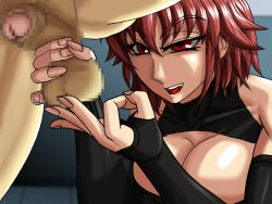 Rule 34 | 00s, 1boy, 1girl, ass, ball busting, bdsm, behind another, breasts, cbt, censored, center opening, cleavage, cleavage cutout, clothed female nude male, clothing cutout, commentary request, elbow gloves, evil smile, femdom, fingerless gloves, flick, gloves, indoors, kegare, large breasts, looking at penis, mosaic censoring, nail, nude, open mouth, penis, red hair, shiny skin, smile, squeezing testicles, strong female, teeth, testicle grab, testicles, tsurime, weak male