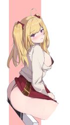 Rule 34 | 1girl, :p, absurdres, ahoge, ambulocetus, ass, black bra, black panties, blonde hair, blush, bow, bra, breasts, clothes lift, collared shirt, crotchless, crotchless panties, dress shirt, from side, hair bow, highres, large breasts, long hair, long sleeves, looking at viewer, looking back, micro bra, miniskirt, nijisanji, nose blush, open clothes, open shirt, panties, red bow, red skirt, school uniform, shirt, sitting, skirt, skirt lift, solo, sweat, takamiya rion, takamiya rion (6th costume), thong, tongue, tongue out, two side up, underwear, virtual youtuber, white shirt