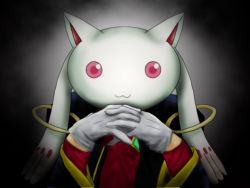 Rule 34 | 1girl, :3, crossover, gendou pose, gloves, gradient background, hands clasped, ikari gendou, interlocked fingers, kyubey, mahou shoujo madoka magica, neon genesis evangelion, own hands clasped, own hands together, parody, red eyes, solo, tk8d32