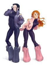 Rule 34 | 2girls, arm up, black bodysuit, black footwear, black gloves, black hair, black jacket, bodysuit, closed mouth, commentary, english commentary, full body, galsan, gloves, hair slicked back, hand in pocket, highres, jacket, long hair, looking to the side, multiple girls, nami (one piece), nico robin, one piece, orange hair, pink footwear, pink gloves, pink jacket, simple background, smile, white background