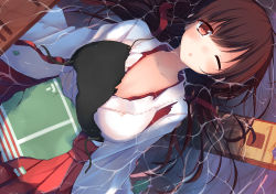 Rule 34 | 10s, 1girl, akagi (kancolle), armor, brown hair, damaged, japanese clothes, kantai collection, long hair, lying, muneate, netarou, open mouth, partially submerged, personification, red eyes, solo, torn clothes, water, wink