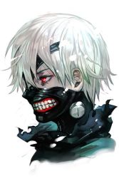 Rule 34 | 1boy, eyepatch, from side, hair over one eye, hungry clicker, kaneki ken, male focus, mask, mask over one eye, profile, red eyes, short hair, solo, teeth, tokyo ghoul, white hair