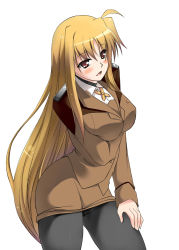 Rule 34 | 00s, 1girl, blonde hair, blush, breast hold, breasts, business suit, fate testarossa, formal, jacket, large breasts, long hair, lyrical nanoha, mahou shoujo lyrical nanoha, mahou shoujo lyrical nanoha strikers, miniskirt, naughty face, pantyhose, pencil skirt, red eyes, sakura yuu, skirt, skirt suit, solo, suit, very long hair