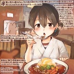 Rule 34 | 10s, 1girl, animal, brown eyes, brown hair, colored pencil (medium), commentary request, curry, curry rice, dated, food, hair between eyes, hamster, holding, holding spoon, japanese clothes, kantai collection, kasuga maru (kancolle), kirisawa juuzou, numbered, open mouth, rice, short hair, short sleeves, sitting, spoon, traditional media, twitter username