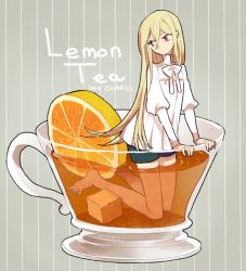 Rule 34 | 1boy, afuro terumi, androgynous, artist name, barefoot, blonde hair, cup, dated, english text, food, fruit, in container, in cup, inazuma eleven, inazuma eleven (series), l hakase, lemon, long hair, looking back, male focus, mini person, miniboy, oversized object, red eyes, solo, tea, teacup, trap, very long hair