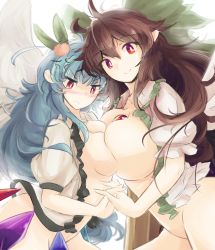 Rule 34 | &gt;:(, 2girls, anger vein, arm at side, arm cannon, asymmetrical docking, black hair, black wings, blue hair, blush, bottomless, breast envy, breast press, breasts, brown hair, cape, collarbone, feathered wings, food, from side, frown, fruit, green ribbon, groin, hair ribbon, holding hands, height difference, hinanawi tenshi, huge breasts, interlocked fingers, large breasts, long hair, looking at another, looking at viewer, medium breasts, multiple girls, open clothes, open shirt, peach, pointy ears, puffy short sleeves, puffy sleeves, red eyes, reiuji utsuho, ribbon, satou rin (gobugabuge), shirt, short sleeves, smile, third eye, touhou, upper body, v-shaped eyebrows, wavy hair, weapon, white shirt, wings