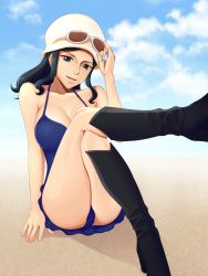 Rule 34 | 1girl, artist request, ass, black footwear, black hair, blue dress, blue eyes, boots, breasts, cleavage, cloud, dress, eyewear on head, female focus, highres, hip focus, large breasts, crossed legs, long hair, nico robin, one piece, open mouth, shaito, sitting, sky, smile, solo, sunglasses, thighs