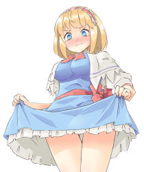 Rule 34 | 1girl, alice margatroid, arnest, blonde hair, blue dress, blue eyes, blush, bow, bowtie, breasts, capelet, clothes lift, collared shirt, dress, dress lift, embarrassed, frilled dress, frills, gluteal fold, hairband, lolita hairband, puffy short sleeves, puffy sleeves, red bow, red sash, sash, shirt, short hair, short sleeves, tears, thigh gap, thighs, touhou, white background, white capelet, white shirt