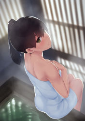 Rule 34 | 10s, 1girl, ass, back, bare arms, bare back, bare legs, bare shoulders, bath, bathing, blurry, blurry background, blush, breasts, brown hair, cleavage, closed mouth, day, female focus, fikusipu, from above, from behind, frown, green eyes, hair between eyes, hand on own chest, indoors, kaga (kancolle), kantai collection, legs, legs together, looking at viewer, looking back, looking up, medium breasts, naked towel, neck, serious, short hair, side ponytail, single bare arm, sitting, solo, steam, sunlight, towel, water, white towel