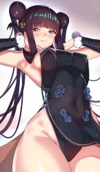 Rule 34 | 1girl, absurdres, armpits, bare shoulders, black dress, blunt bangs, breasts, china dress, chinese clothes, commentary, covered navel, cowboy shot, ddalrim, double bun, dress, english commentary, fate/grand order, fate (series), from below, hair bun, hair ornament, hair over shoulder, highres, impossible clothes, impossible dress, leaf hair ornament, long hair, medium breasts, presenting armpit, purple hair, short dress, sidelocks, smug, solo, thighs, twintails, very long hair, yang guifei (fate), yang guifei (first ascension) (fate), yang guifei (second ascension) (fate)