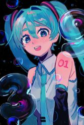 Rule 34 | 1girl, 39, :d, bare shoulders, black sleeves, blue eyes, blue hair, blue necktie, blush, breasts, bubble, collared shirt, detached sleeves, frilled shirt, frills, hair between eyes, hair intakes, hair ornament, hatsune miku, highres, inu dakisime, long hair, long sleeves, necktie, number tattoo, open mouth, shirt, sidelocks, sleeveless, sleeveless shirt, small breasts, smile, solo, tattoo, tie clip, twintails, upper body, vocaloid, white shirt