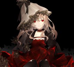 Rule 34 | 1girl, amputee, black background, black jacket, black pantyhose, blonde hair, bouquet, bow, collar, dress, feet out of frame, flower, frilled collar, frills, hair between eyes, highres, higyaku no noel, jacket, knees up, lily (flower), long hair, looking at viewer, noel cerquetti, object on head, pantyhose, parted lips, red bow, red dress, red eyes, shirone (shiromame-0111), smile, solo, transparent, waist bow, wavy hair