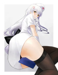 Rule 34 | 1girl, absurdres, ass, azur lane, black thighhighs, breasts, brown eyes, cl (summer sama), dress, gloves, hand to own mouth, hat, hermione (azur lane), hermione (pure white angel) (azur lane), highres, long hair, looking at viewer, notebook, nurse, nurse cap, pantylines, solo, thighhighs, thighs, white background, white gloves, white hair