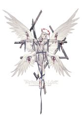 Rule 34 | 1girl, angel, angel wings, barefoot, blood, blood halo, commentary, crucifixion, english commentary, extra eyes, full body, halo, highres, impaled, krab (fumekrab), liquid halo, melting halo, multiple wings, open mouth, original, pale skin, plantar flexion, red eyes, solo, torn clothes, white background, white hair, wings