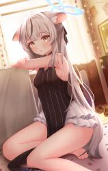 Rule 34 | 1girl, absurdres, animal ears, arashiomoto, armpits, bare legs, blue archive, blush, breasts, commentary request, curtains, grey hair, hair between eyes, highres, kokona (blue archive), looking at viewer, picture frame, sitting, sleeveless, small breasts, solo, table, thighs, yellow eyes