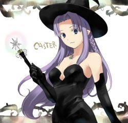 Rule 34 | 00s, 1girl, bare shoulders, blush, breasts, medea (fate), fate/stay night, fate (series), female focus, long hair, solo, strapless, type-moon, wand, witch