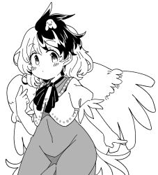 Rule 34 | 1girl, animal, animal on head, bird, bird on head, bird tail, bird wings, blush, chick, closed mouth, dress, feathered wings, greyscale, highres, ini (inunabe00), monochrome, multicolored hair, niwatari kutaka, on head, shirt, short hair, short sleeves, simple background, solo, tail, touhou, two-tone hair, white background, wings