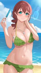 Rule 34 | 1girl, absurdres, beach, bikini, blue eyes, blue sky, braid, breasts, brown hair, chaso (480), cleavage, cloud, contrapposto, cowboy shot, day, emma verde, food, freckles, frilled bikini, frills, green bikini, highres, holding food, holding popsicle, horizon, jewelry, large breasts, lens flare, long hair, looking at viewer, love live!, love live! nijigasaki high school idol club, low twintails, medium hair, navel, necklace, ocean, outdoors, popsicle, sky, solo, sun, swimsuit, twin braids, twintails