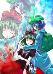 Rule 34 | 2girls, backpack, bag, blue hair, bow, female focus, frills, front ponytail, green hair, hair bobbles, hair bow, hair ornament, hat, holding own arm, kagiyama hina, kawashiro nitori, long hair, multiple girls, open mouth, projected inset, ribbon, short hair, short twintails, sleeping, tadano kagekichi, touhou, twintails, two side up