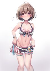Rule 34 | 1girl, absurdres, ahoge, bare shoulders, belt, bikini, bikini skirt, blue skirt, blush, breasts, brown hair, cleavage, closed mouth, commentary, dot nose, feet out of frame, flying sweatdrops, hair ornament, hairclip, halterneck, harusaki nodoka, high-waist bikini, highleg, highleg bikini, highres, hololive, hololive summer 2023 swimsuit, layered bikini, looking at viewer, medium breasts, navel, official alternate costume, pink bikini, pink eyes, short hair, simple background, skirt, solo, standing, stomach, striped bikini, striped clothes, sweatdrop, swimsuit, symbol-only commentary, thigh belt, thigh strap, tmo-cat, virtual youtuber, white background, white belt