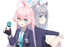 Rule 34 | 1girl, ahoge, animal ear fluff, animal ears, arm on knee, black gloves, blue archive, blue eyes, blue halo, blue jacket, blue necktie, closed mouth, collared shirt, commentary request, fingerless gloves, gloves, grey hair, hair between eyes, halo, hand up, heterochromia, holding, hoshino (blue archive), jacket, long hair, long sleeves, looking at object, looking at viewer, necktie, open clothes, open jacket, open mouth, pink hair, pink halo, plaid, plaid skirt, pleated skirt, sasai nakoto, shiroko (blue archive), shirt, simple background, skirt, smile, socks, white background, white shirt, white socks, wolf ears, yellow eyes