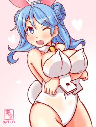 Rule 34 | 1girl, animal ears, artist logo, blue eyes, blue hair, blush, bow, bowtie, breasts, covered navel, cowboy shot, detached collar, double bun, fake animal ears, fake tail, gradient background, hair bun, highleg, highleg leotard, kanon (kurogane knights), kantai collection, large breasts, leotard, looking at viewer, one-hour drawing challenge, one eye closed, open mouth, pink background, playboy bunny, rabbit ears, rabbit tail, smile, solo, strapless, strapless leotard, tail, traditional bowtie, urakaze (kancolle), white leotard, wrist cuffs
