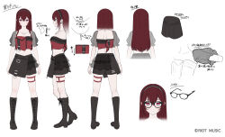 Rule 34 | 1girl, arrow (symbol), black-framed eyewear, black footwear, black skirt, boots, brown hair, character sheet, closed mouth, collarbone, copyright notice, copyright request, crop top, cross-laced footwear, glasses, hair between eyes, knee boots, lace-up boots, long hair, midriff, multiple views, navel, ne-on, official art, puffy short sleeves, puffy sleeves, purple eyes, see-through, see-through sleeves, short sleeves, simple background, skirt, translation request, very long hair, virtual youtuber, white background, x-ray